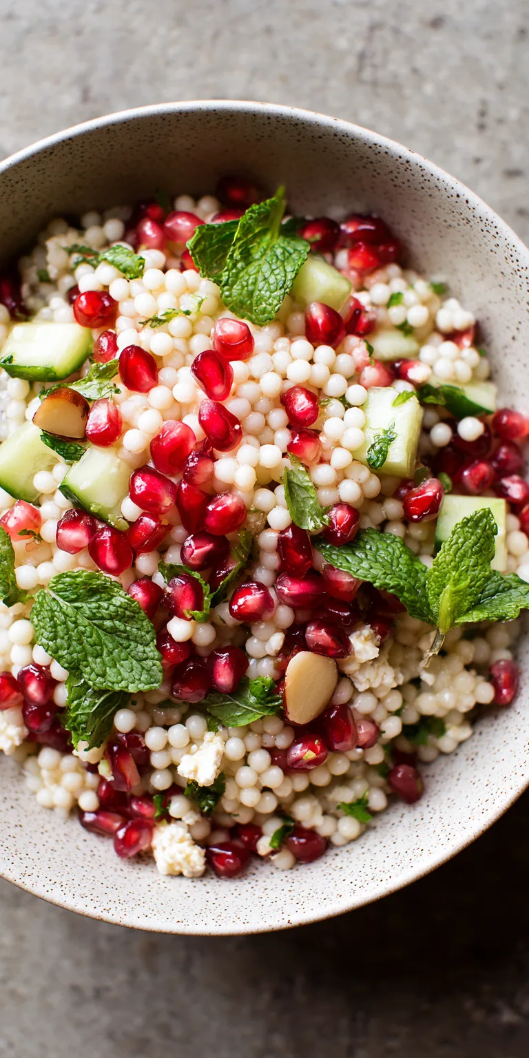 Pearl Couscous and Pomegranate Salad served warm with gentle spices and a cozy aroma