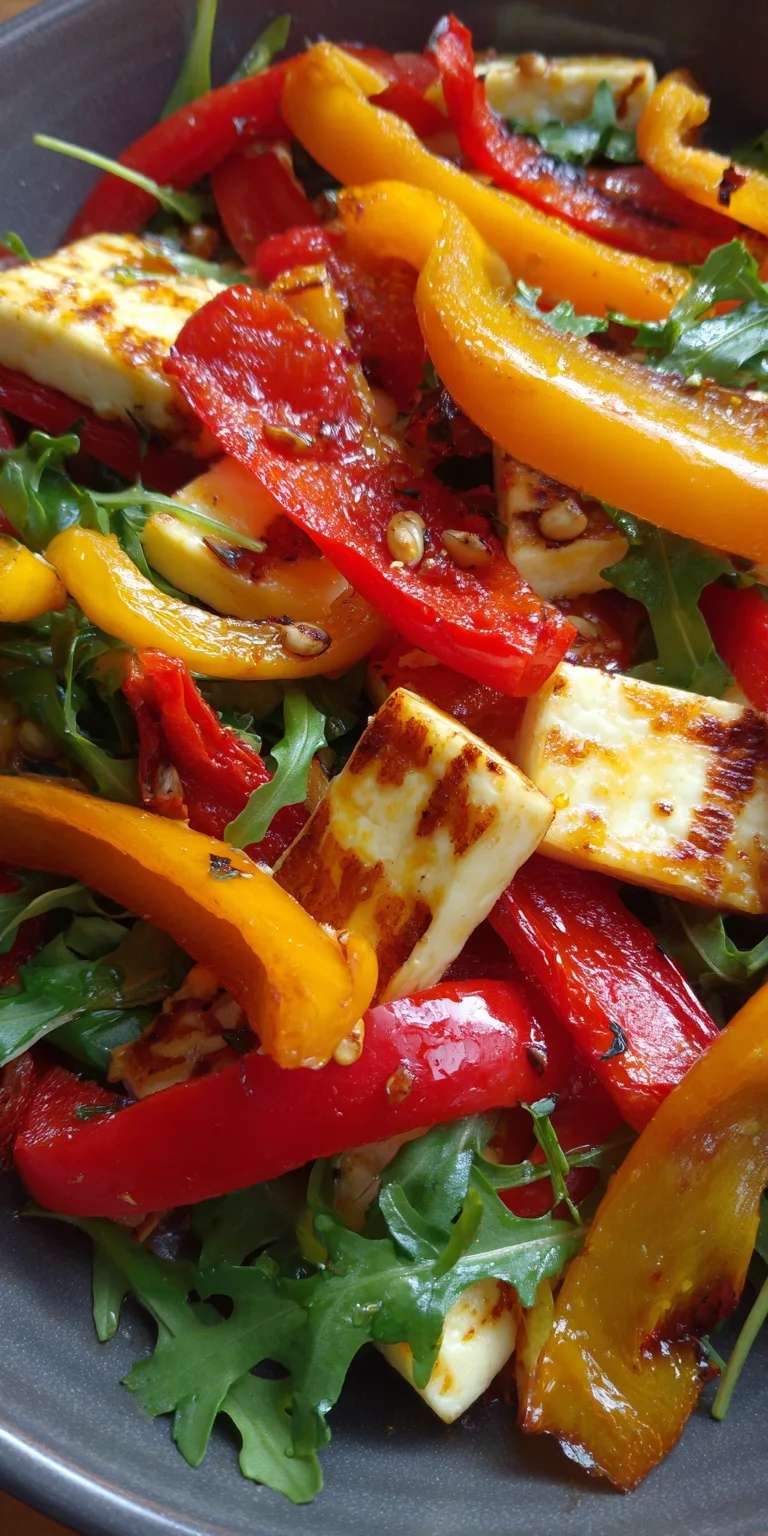 Roasted Bell Pepper and Grilled Halloumi Salad served warm with cozy spices