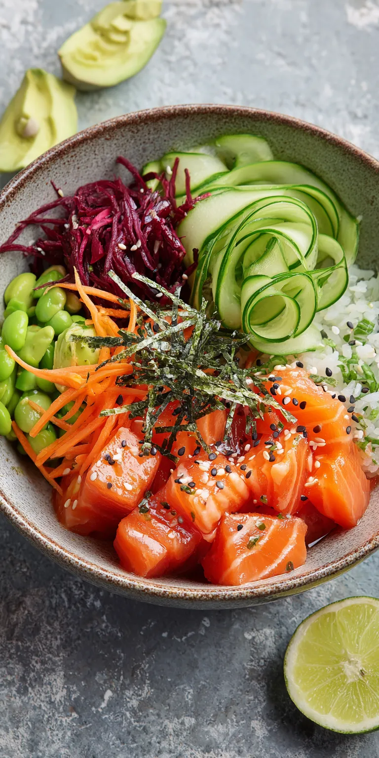 Salmon Avocado Poke Lunch Bowl served warm with cozy spices