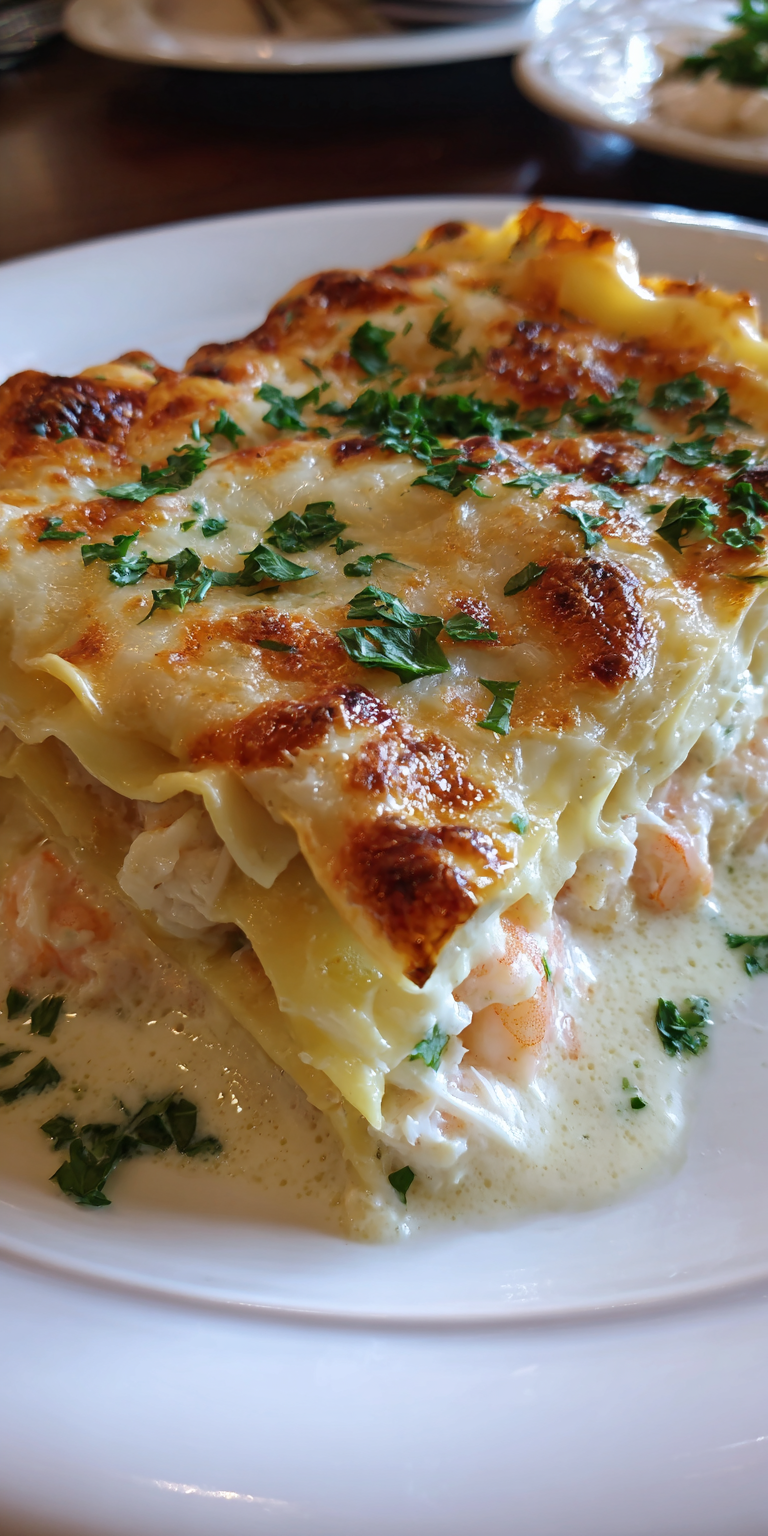 Seafood Lasagna with White Sauce served warm with cozy spices
