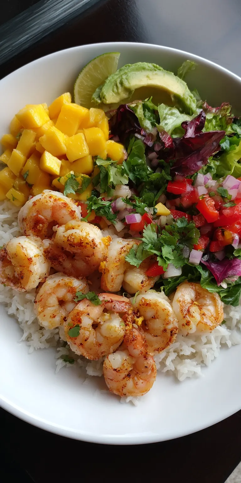 Shrimp and Mango Summer Healthy Bowls served warm with cozy spices