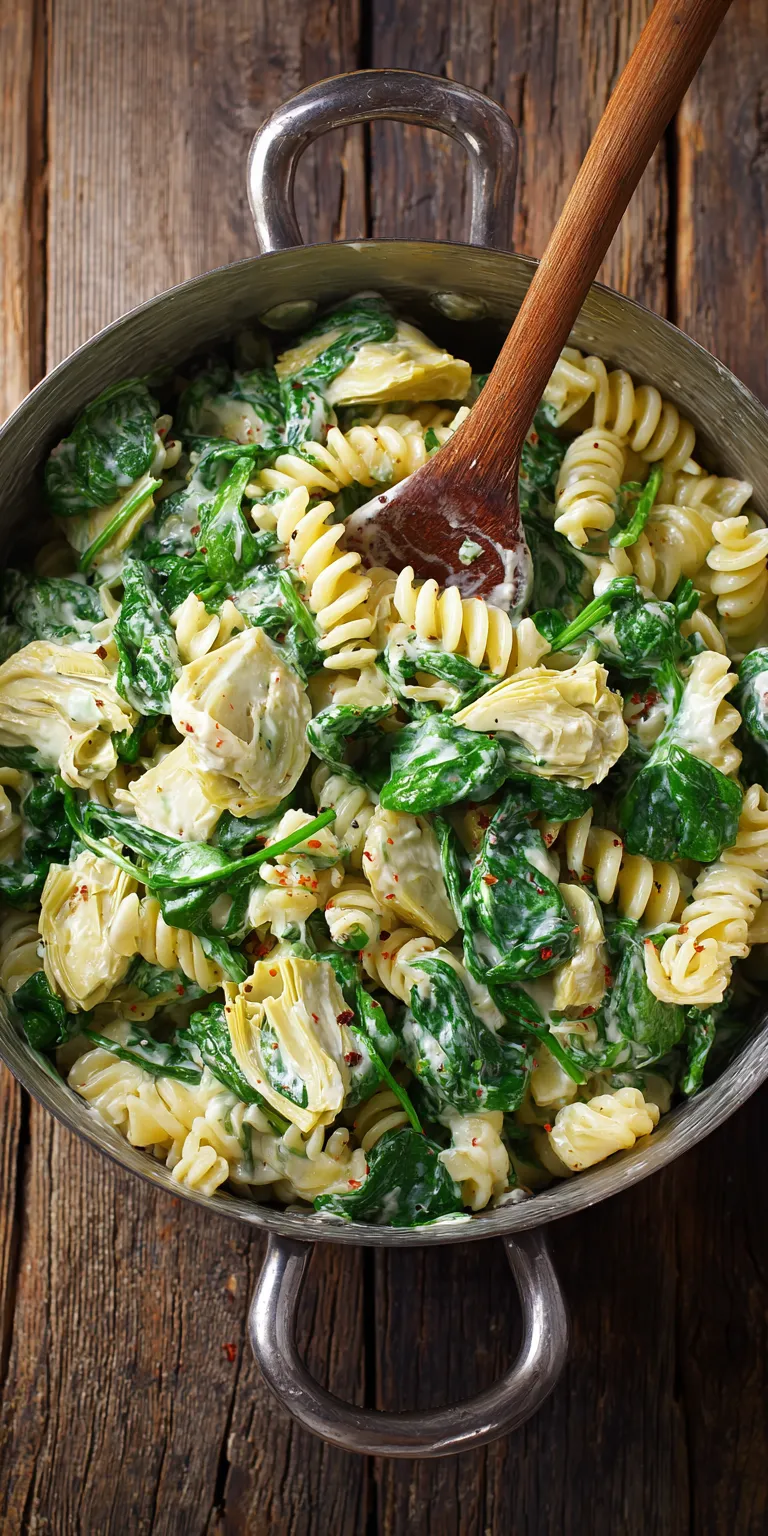 Spinach Artichoke Easy Pasta Salad served warm with cozy spices