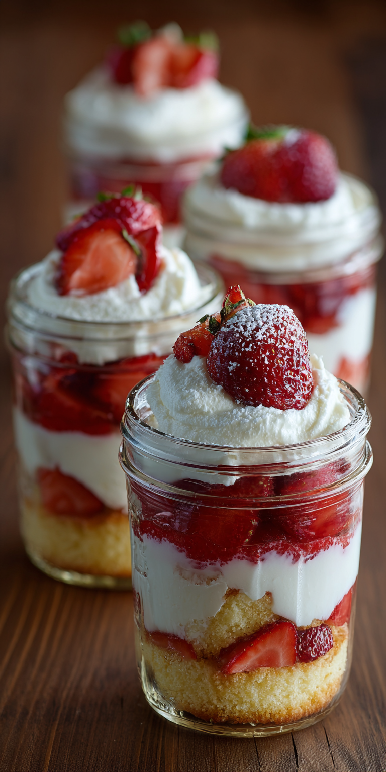 Strawberry Shortcake Trifle in Mason Jars served warm with cozy spices