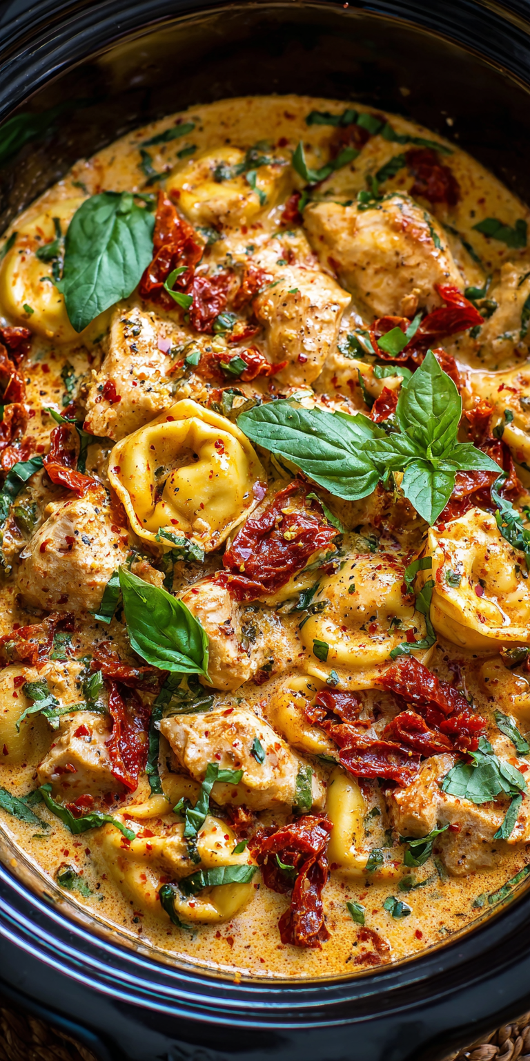 Viral Marry Me Chicken Tortellini Crockpot served warm with cozy spices