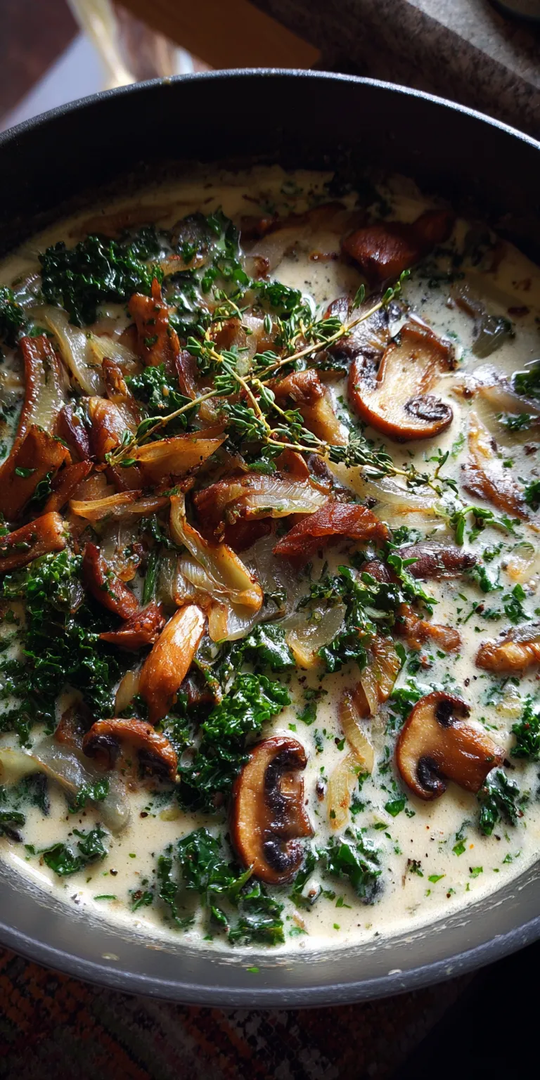 Wild Mushroom, Caramelized Onion and Kale Soup served warm with cozy spices