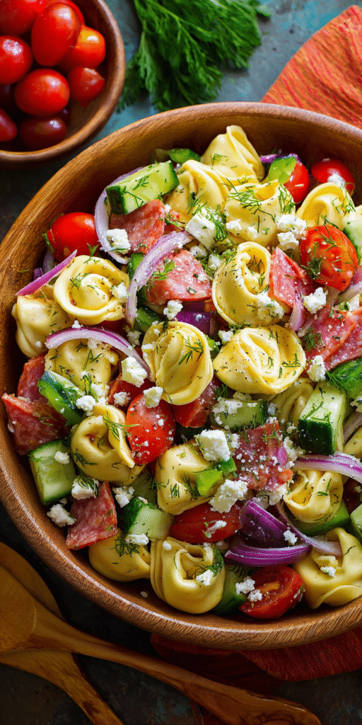 Zesty Greek Tortellini Pasta Salad served warm with cozy spices