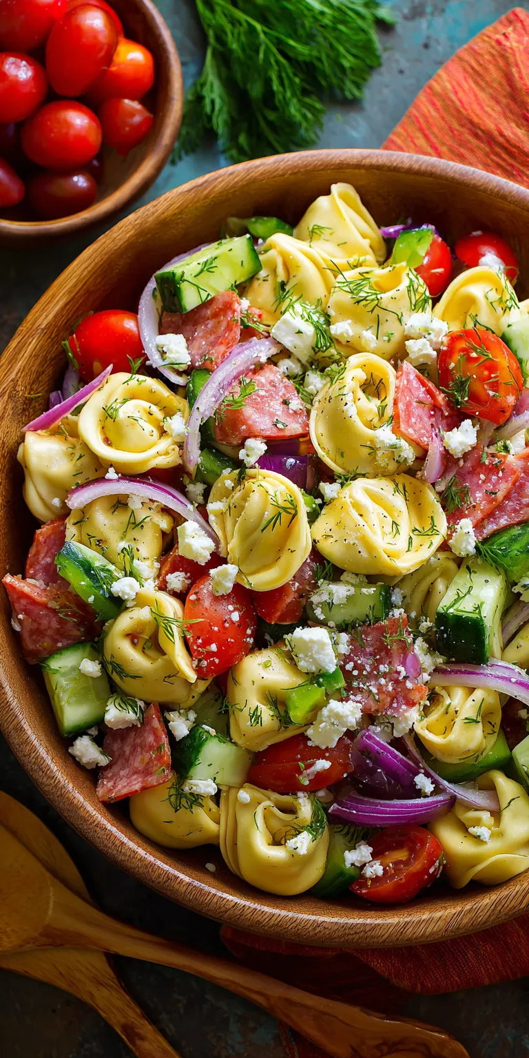 Zesty Greek Tortellini Pasta Salad served warm with cozy spices