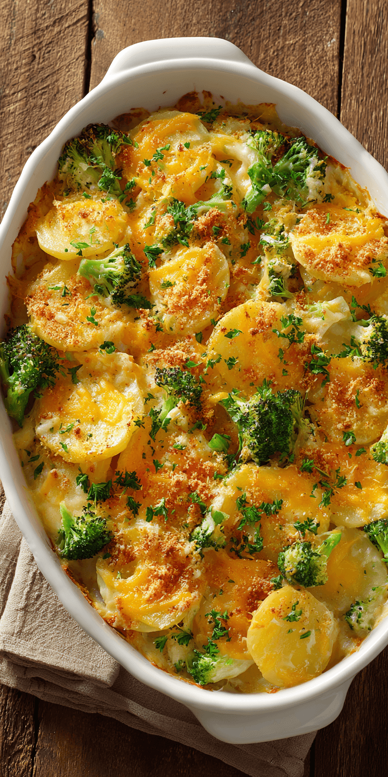 Broccoli Cheddar Scalloped Potatoes served warm with cozy spices
