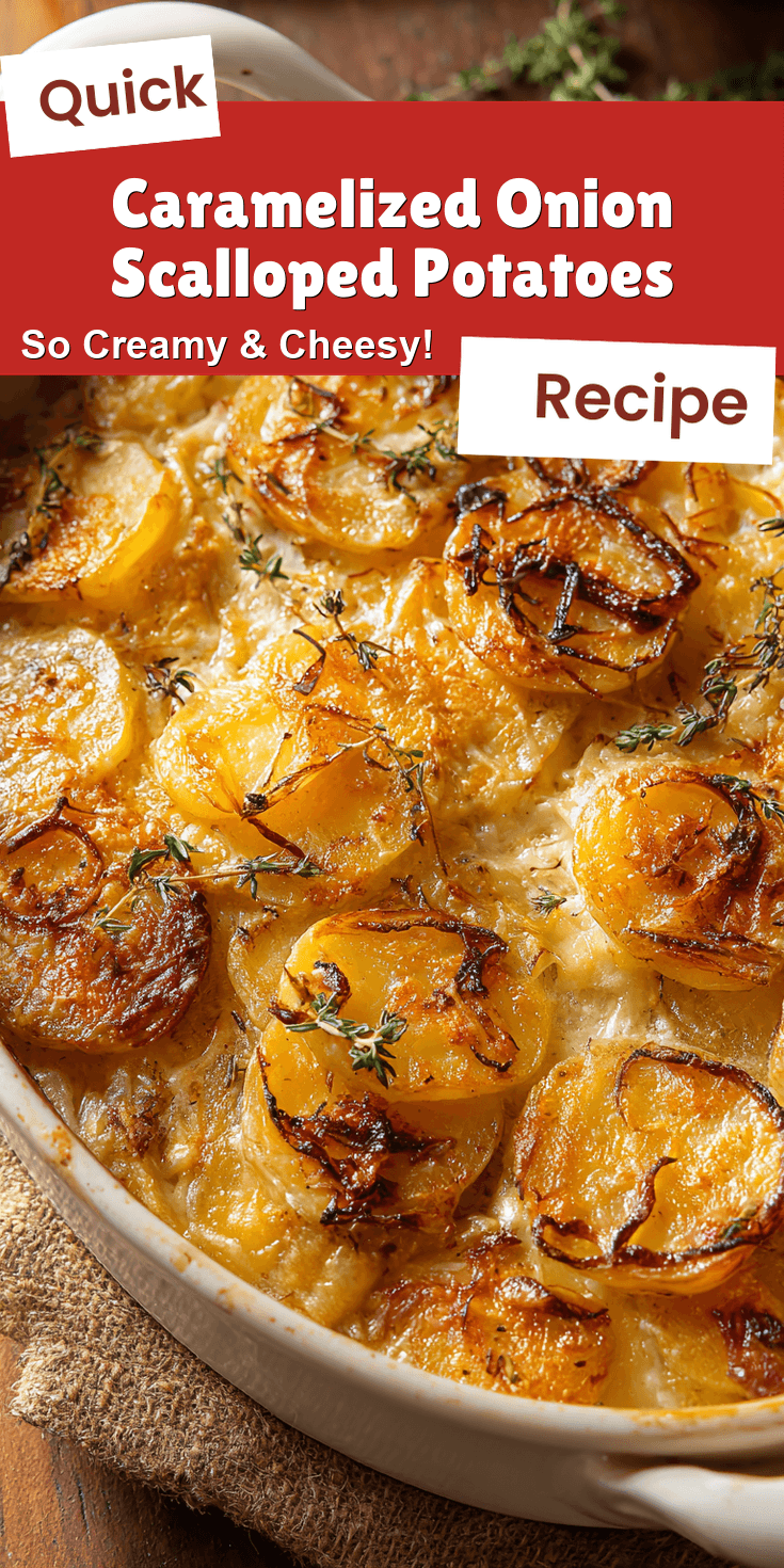 Caramelized Onion Scalloped Potatoes served on a plate