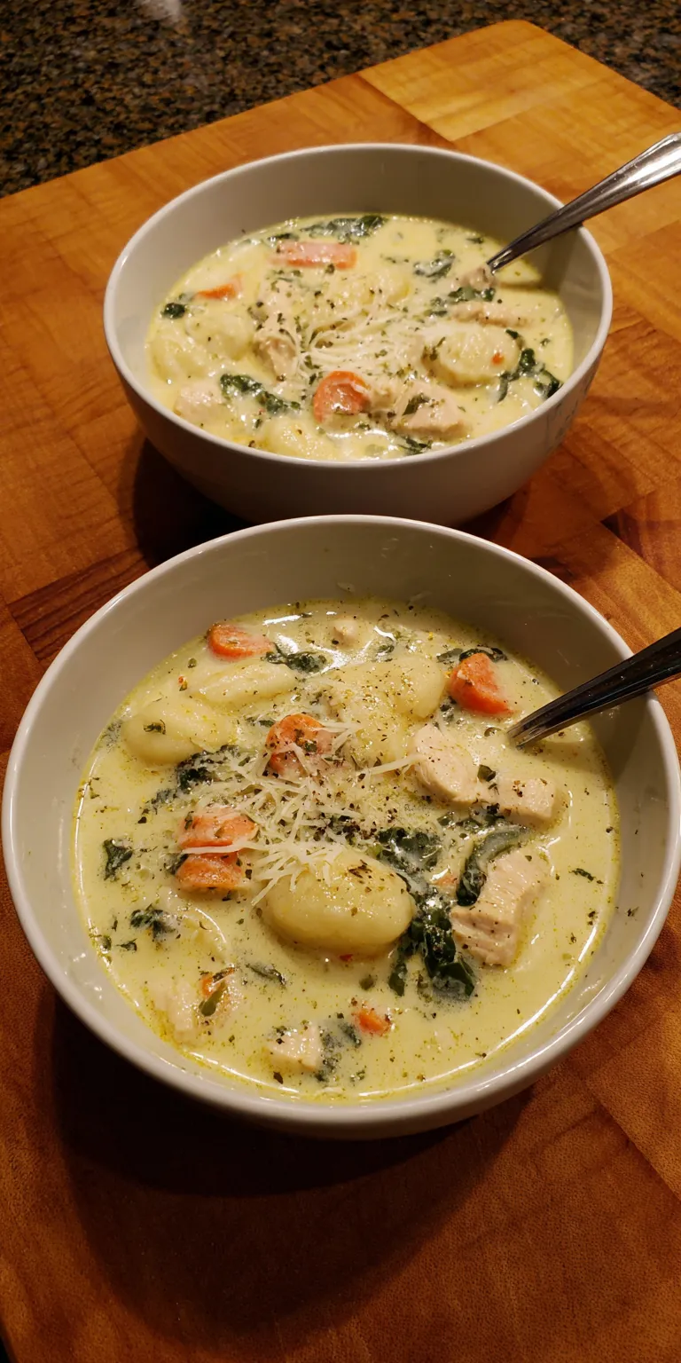 Chicken and Gnocchi Spring Soup served warm with gentle spices and a cozy aroma
