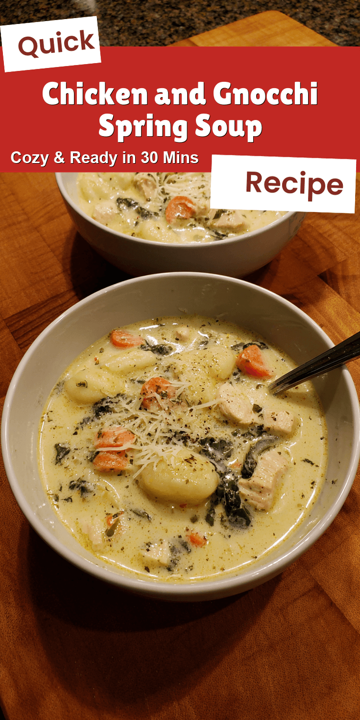 Chicken and Gnocchi Spring Soup served on a plate