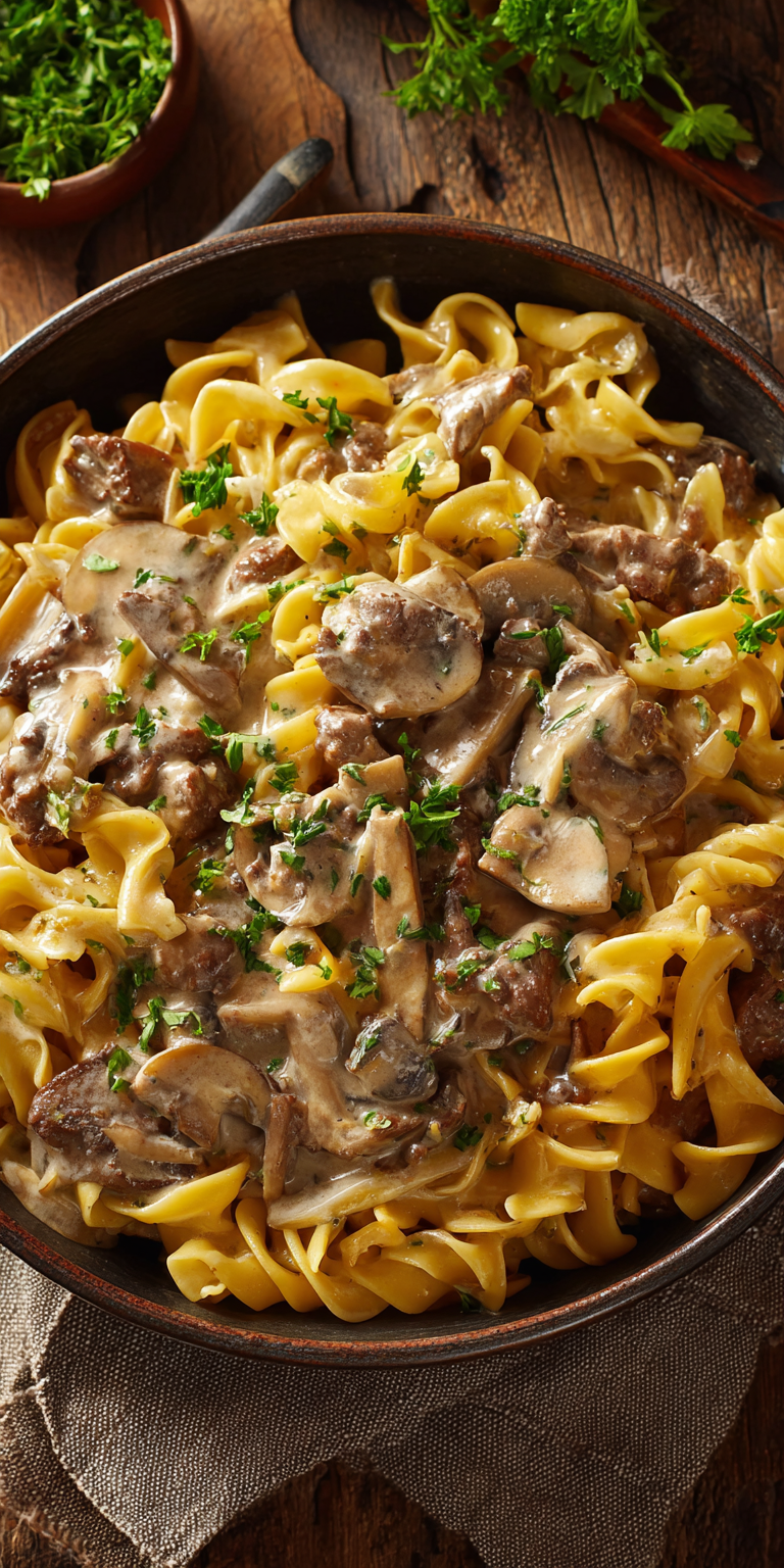 Creamy Beef Stroganoff Pasta served warm with cozy spices