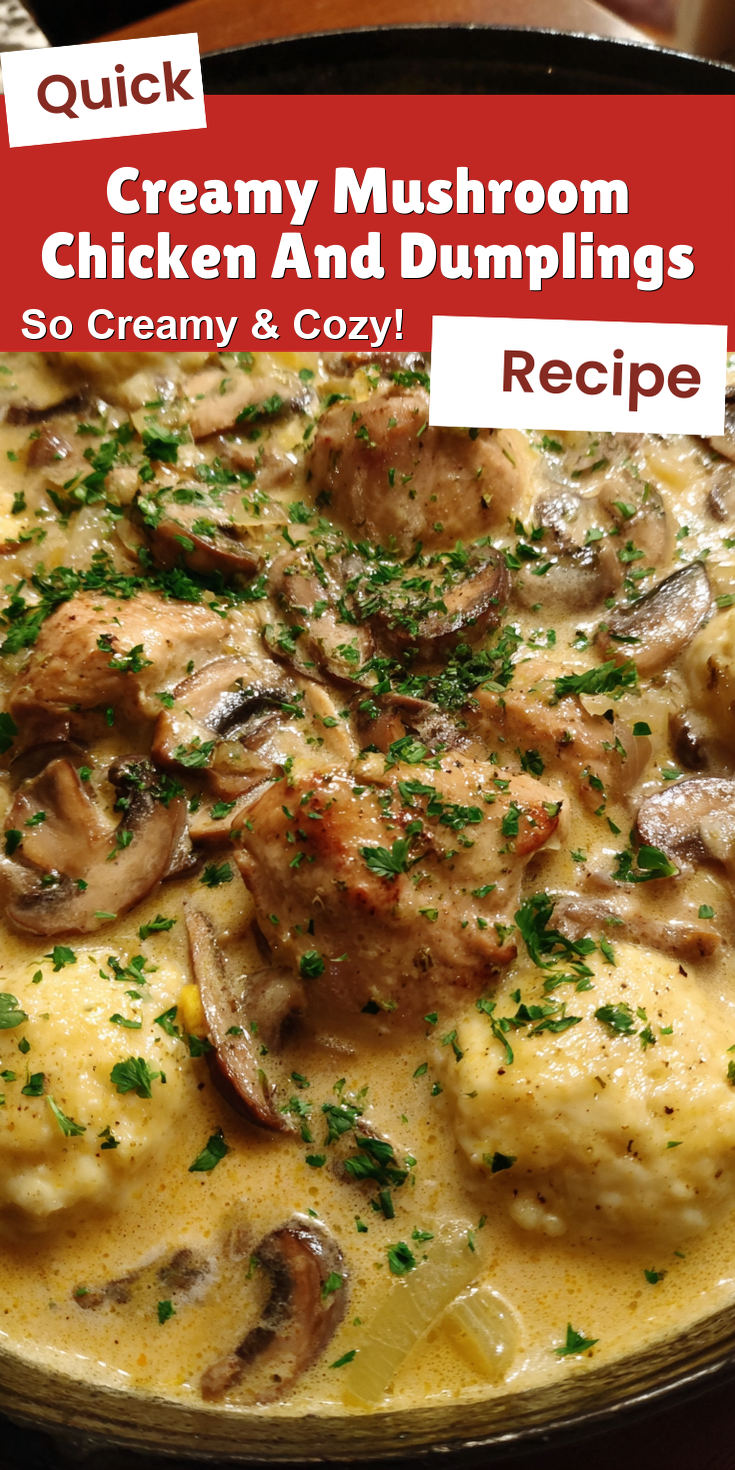 Creamy Mushroom Chicken And Dumplings served warm with cozy spices