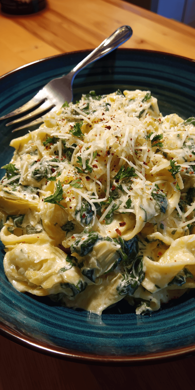 Creamy Spinach Artichoke Pasta served warm with cozy spices