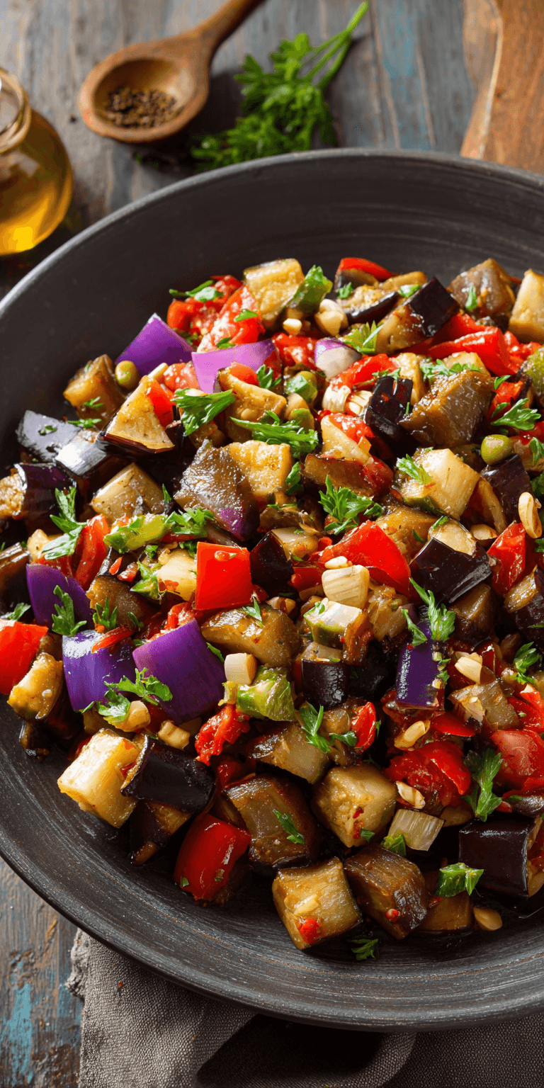 Eggplant Caponata Style Salad served warm with cozy spices
