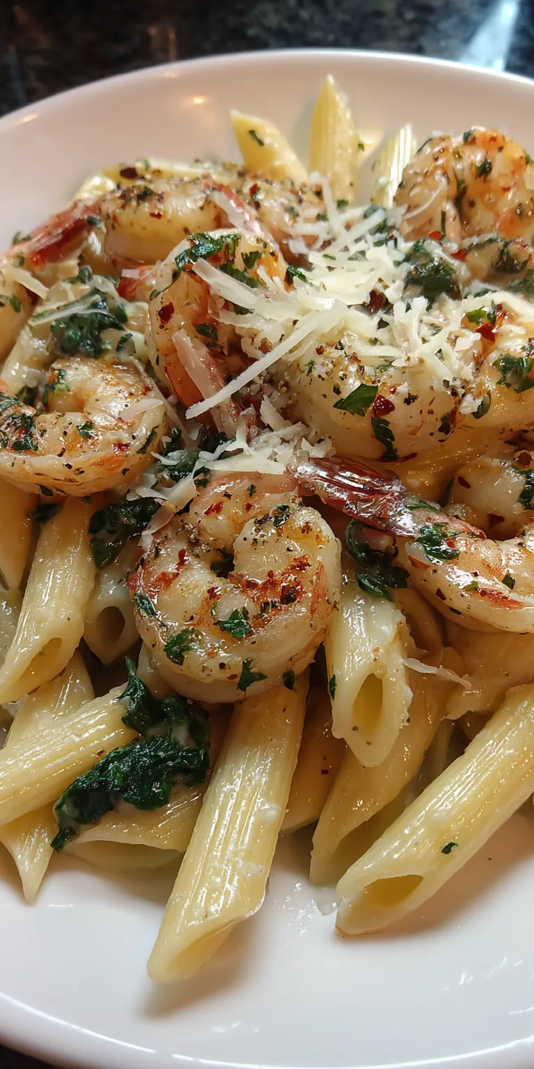 Garlic Parmesan Shrimp Seafood Pasta served warm with cozy spices