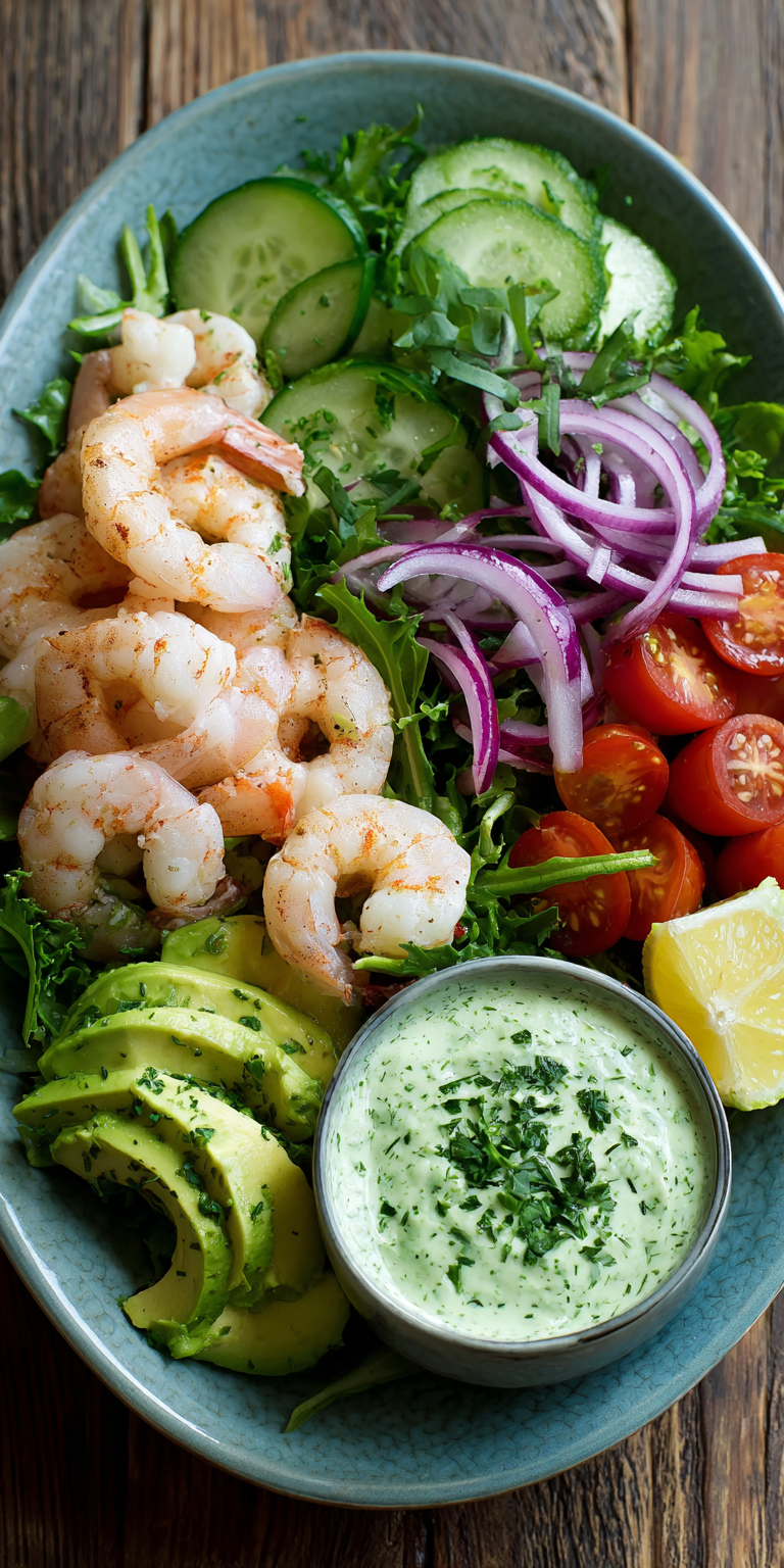 Green Goddess Salad with Shrimp served warm with cozy spices