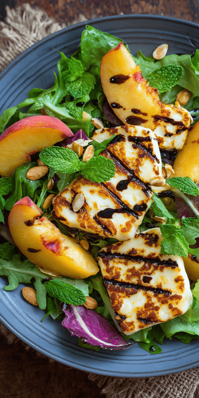 Grilled Halloumi and Peach Salad served warm with cozy spices