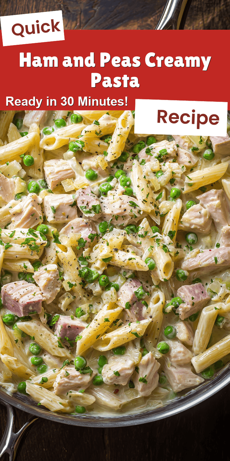 Ham and Peas Creamy Pasta served on a plate