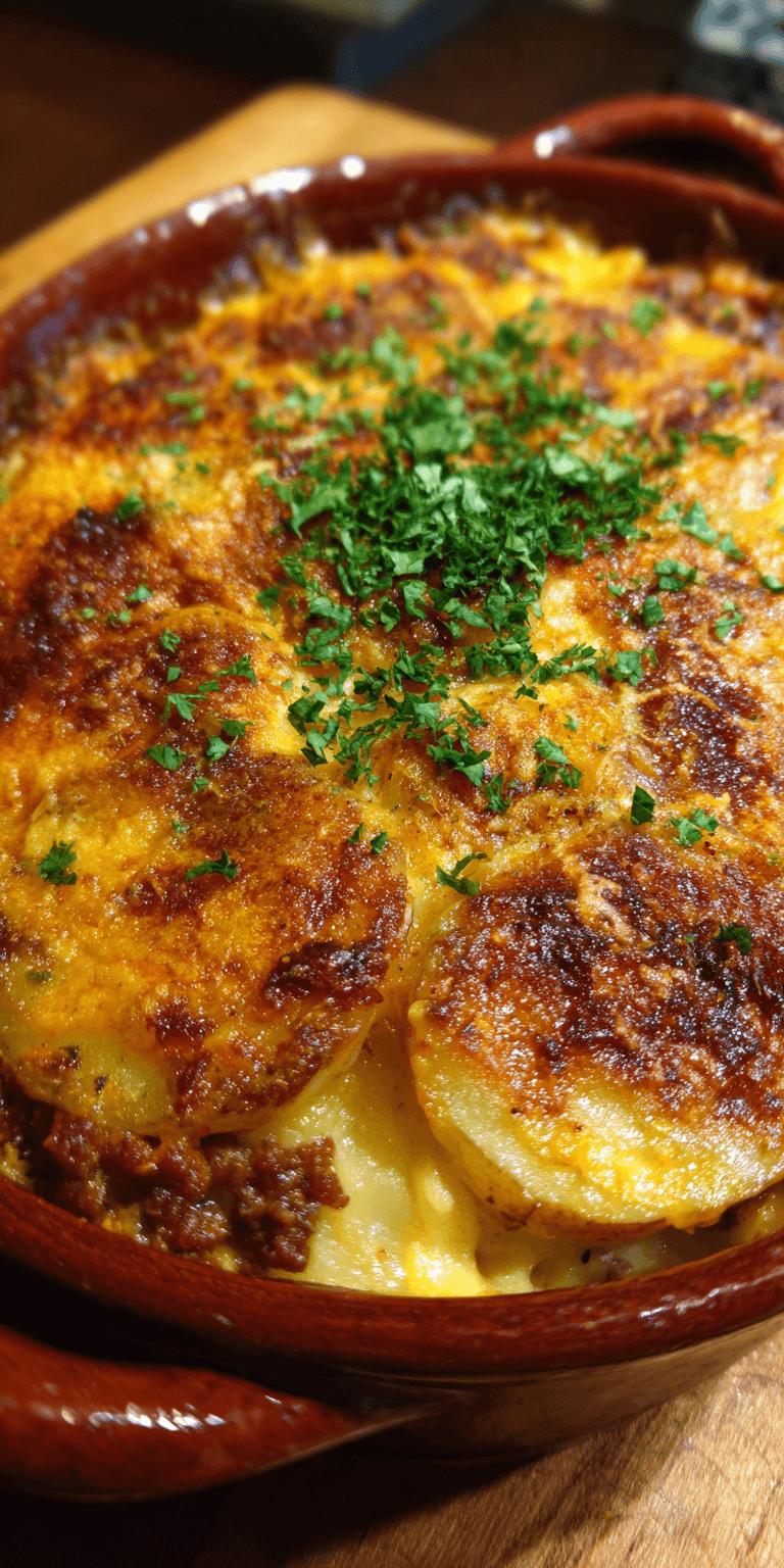 Hamburger Scalloped Potatoes Casserole served warm with gentle spices and a cozy aroma