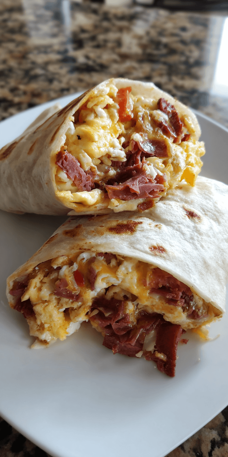 Leftover Corned Beef Breakfast Burrito served warm with cozy spices