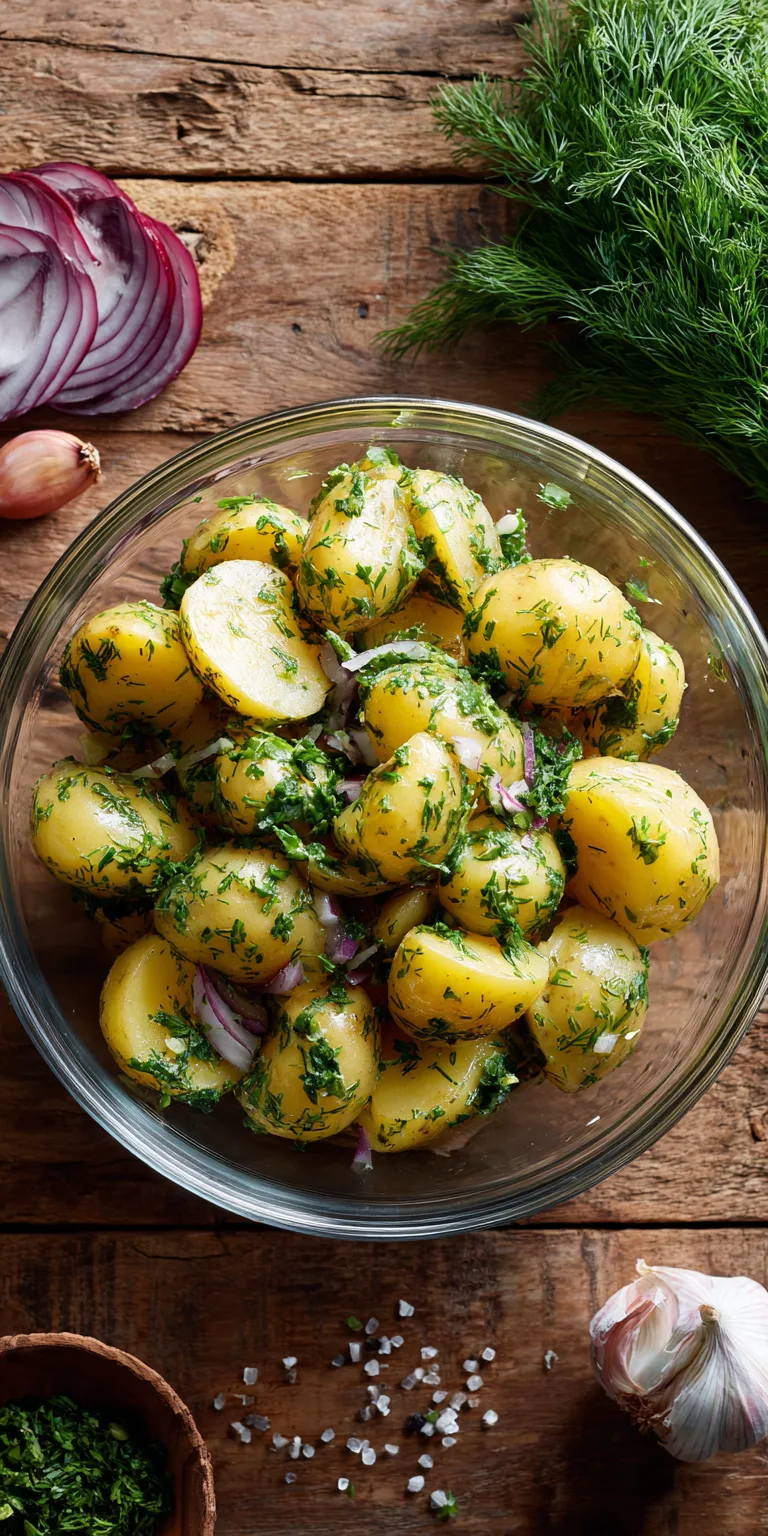 Lemon Dill Mediterranean Potato Salad served warm with gentle spices and a cozy aroma