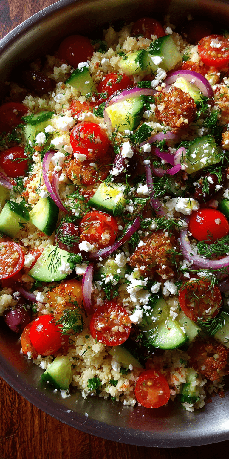 Low Carb Cauliflower Rice Greek Salad served warm with cozy spices