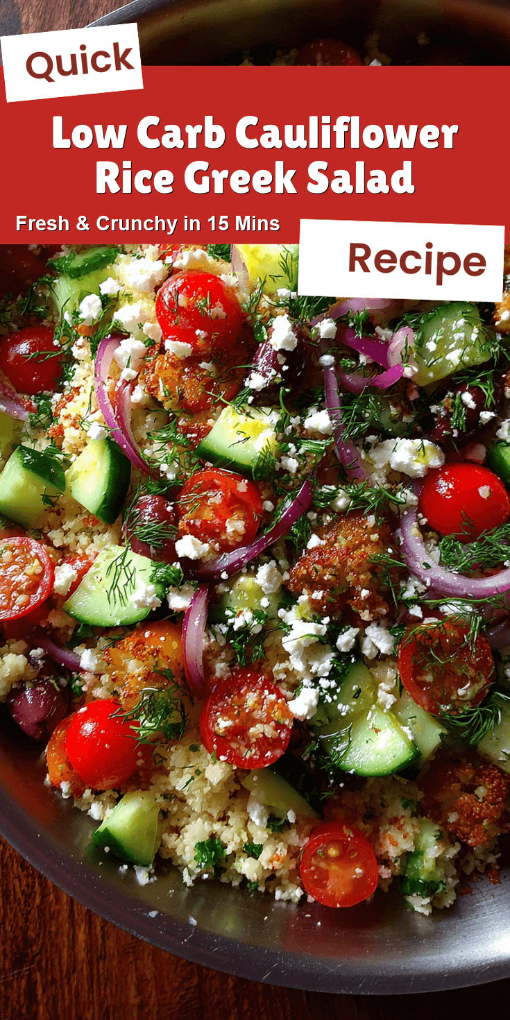 Low Carb Cauliflower Rice Greek Salad served warm with cozy spices