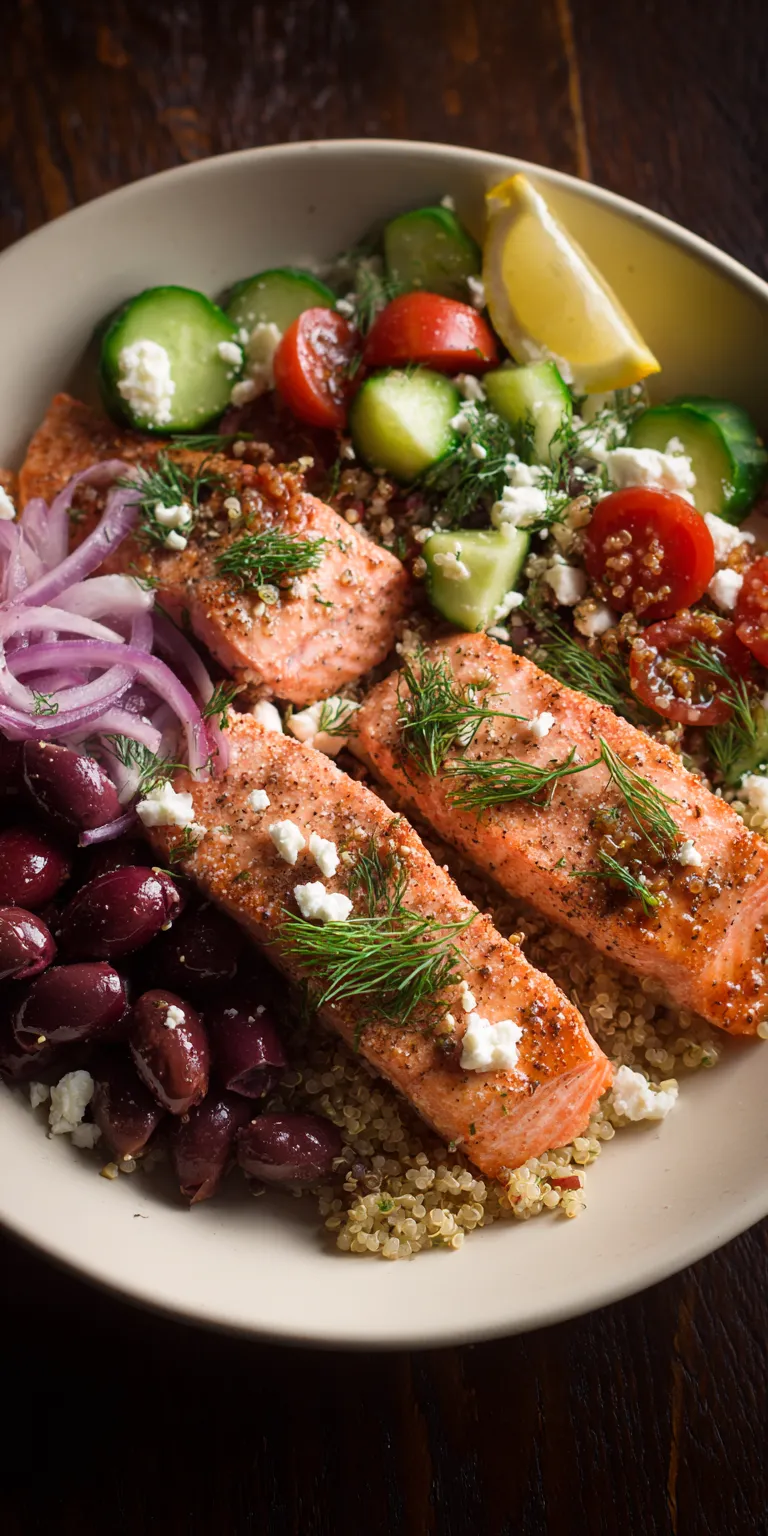 Mediterranean Salmon Quinoa Bowl served warm with cozy spices