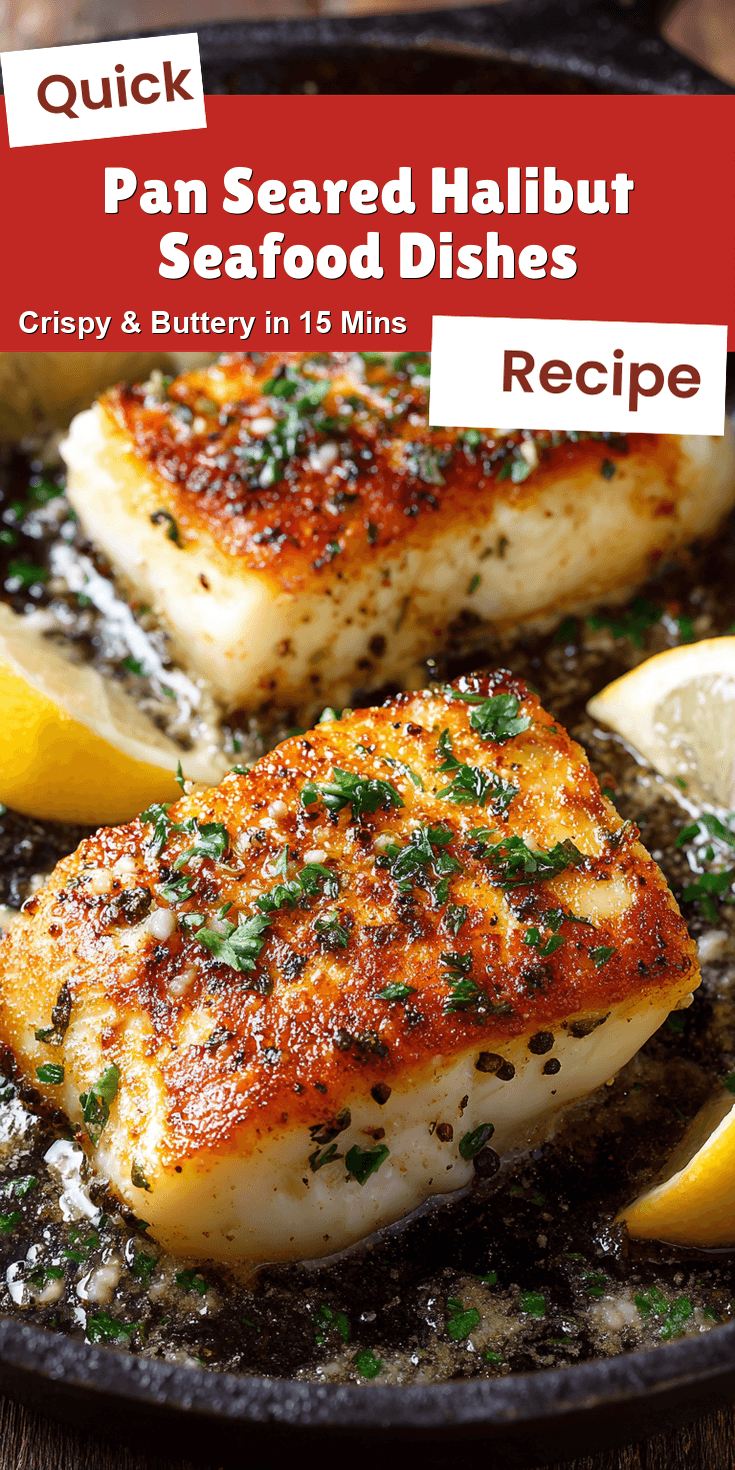 Pan Seared Halibut Seafood Dishes served on a plate