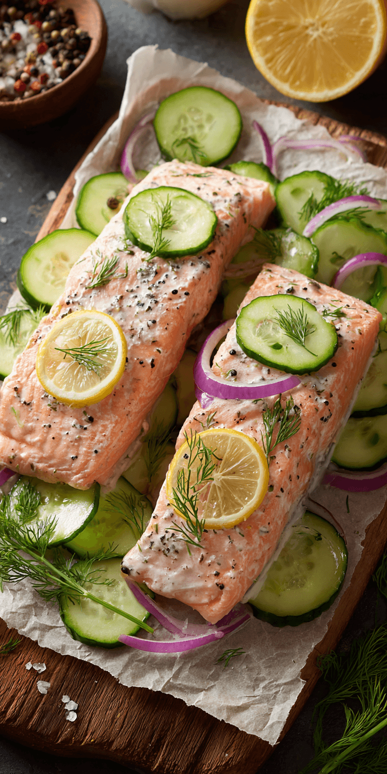 Poached Salmon with Cucumber served warm with cozy spices
