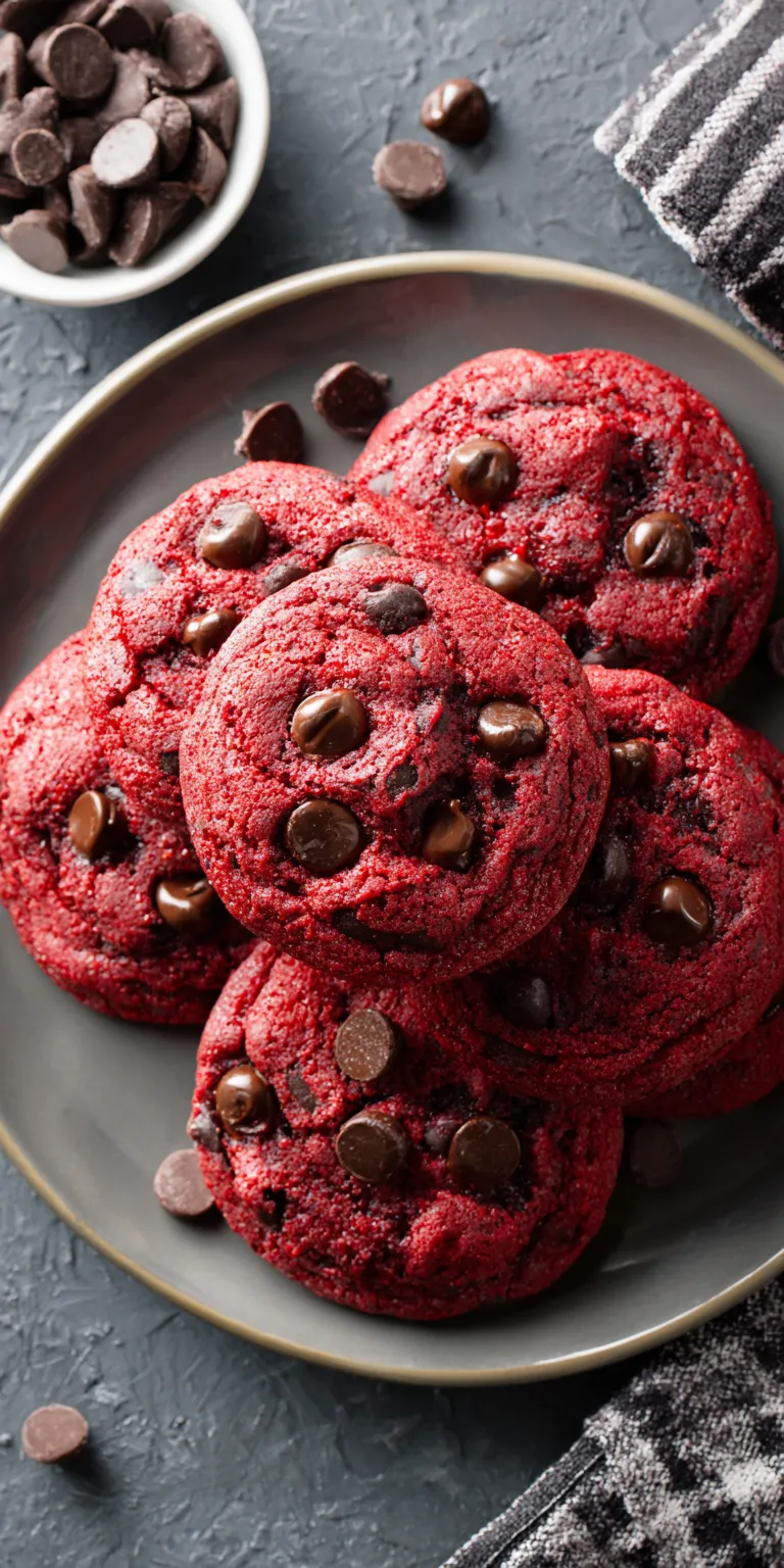 Red Velvet Chocolate Chip Cookies served warm with cozy spices
