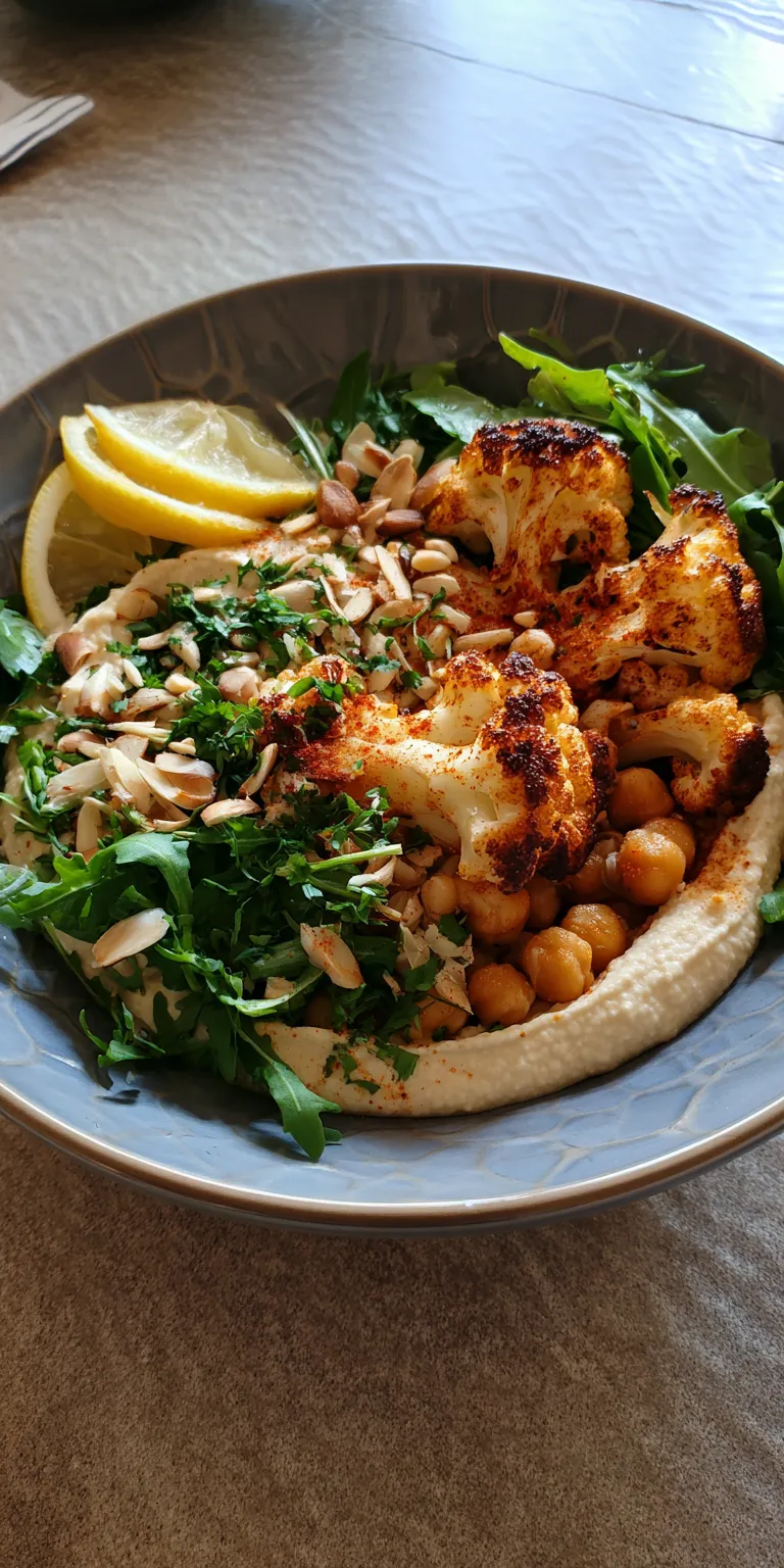 Roasted Cauliflower Hummus Salad Bowl served warm with cozy spices