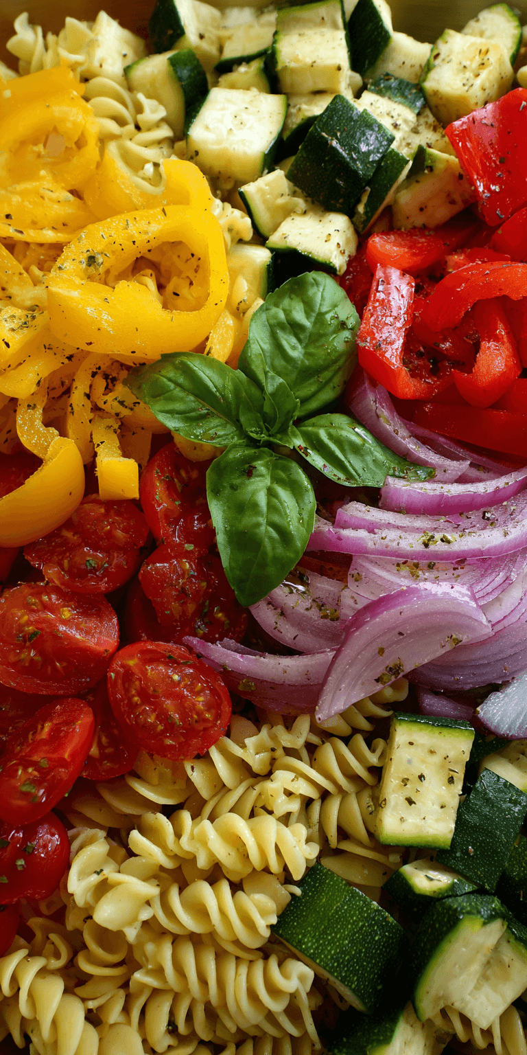 Roasted Vegetable Cold Pasta Salad served warm with cozy spices