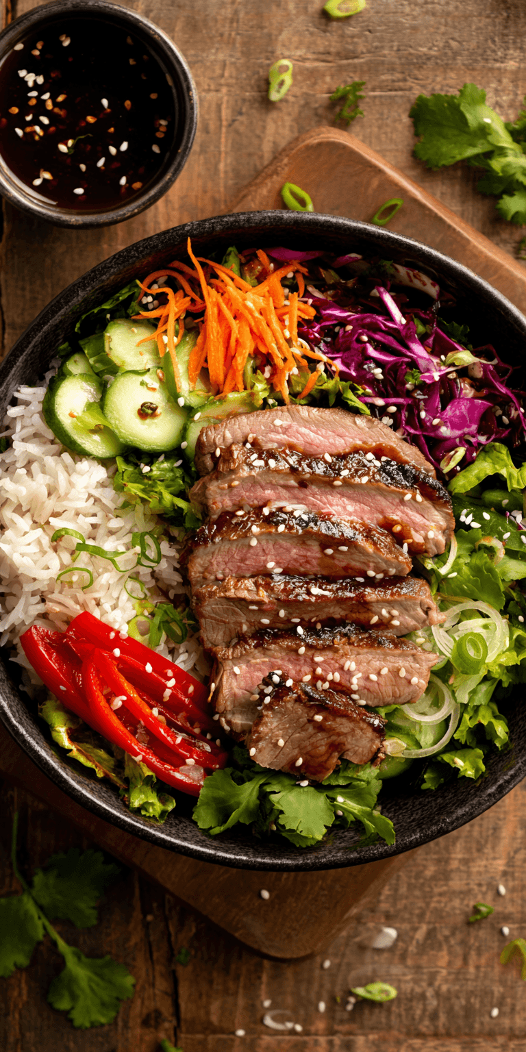 Sesame Ginger Beef Salad Bowl served warm with cozy spices