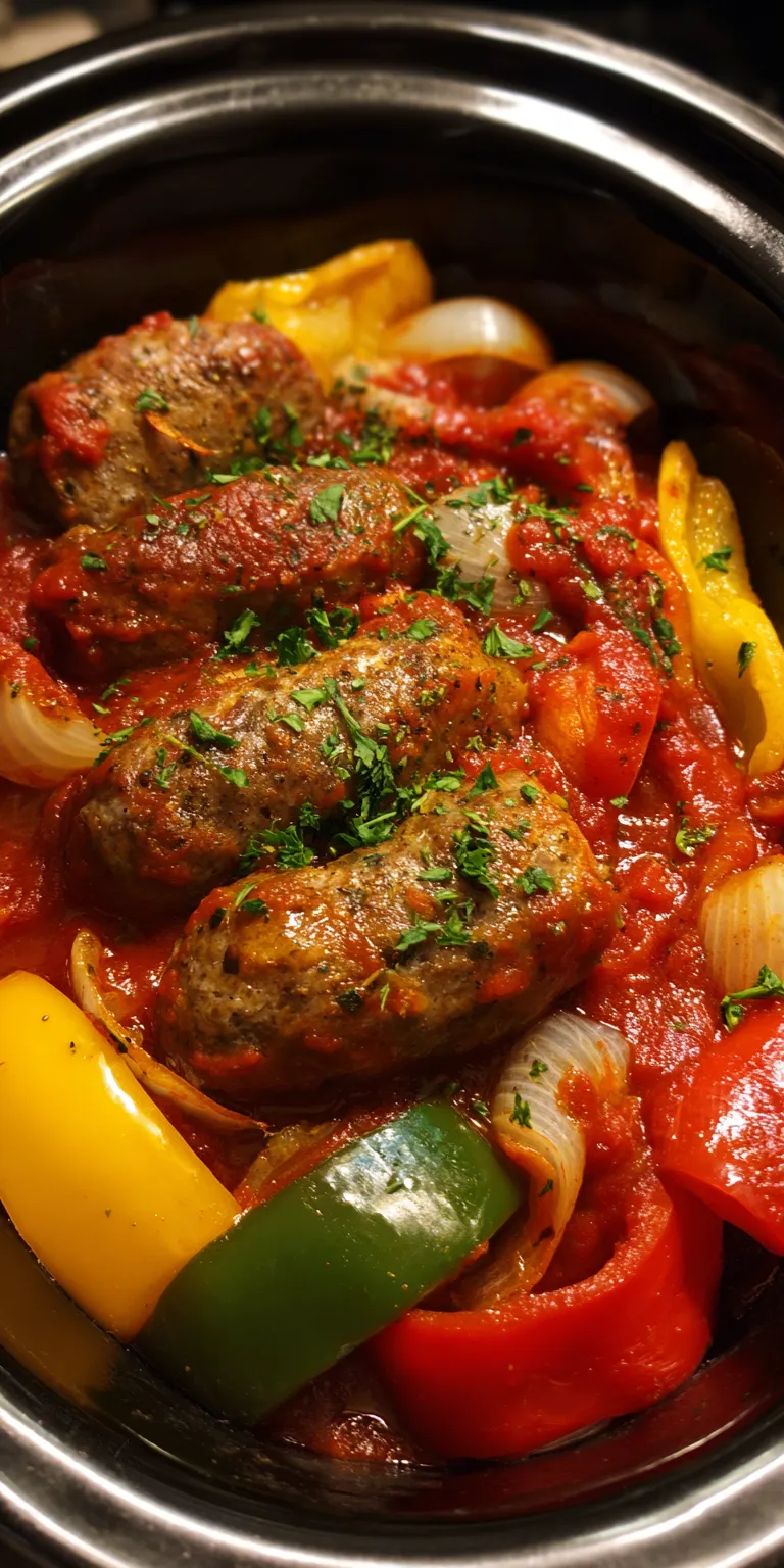 Slow Cooker Sausage and Peppers served warm with cozy spices