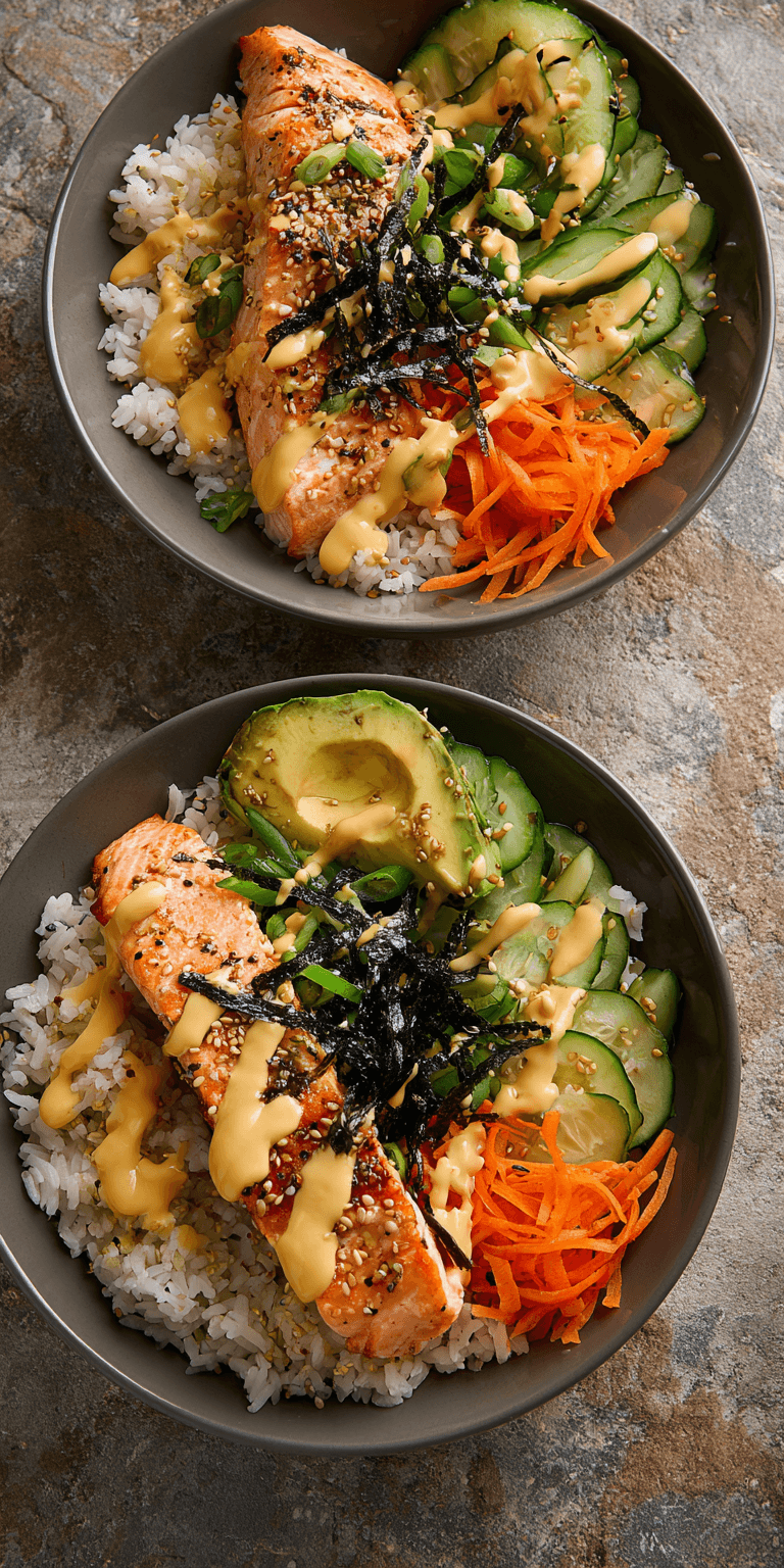 Spicy Mayo Salmon Rice Bowl served warm with cozy spices