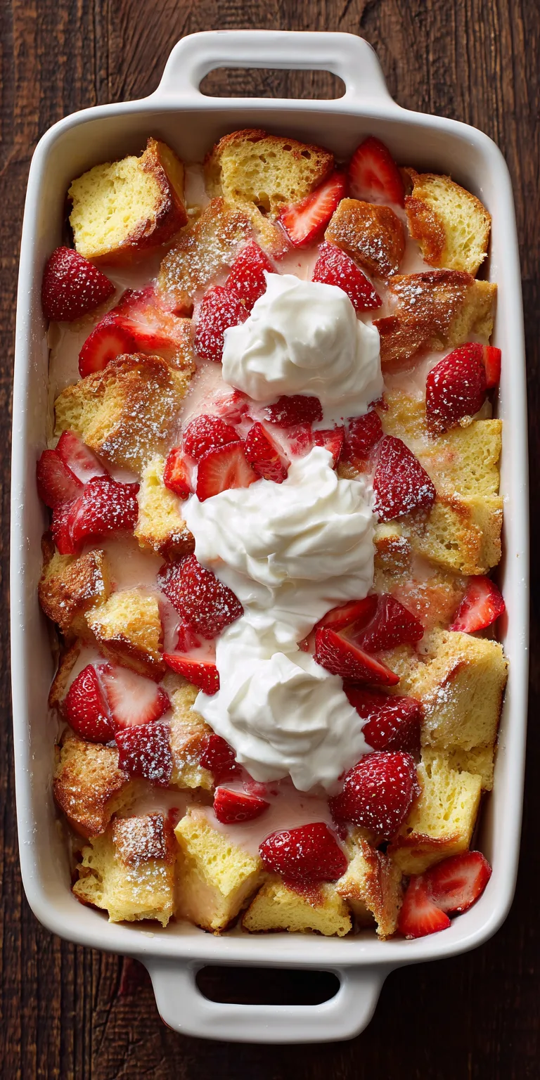 Strawberry Shortcake French Toast Casserole served warm with cozy spices