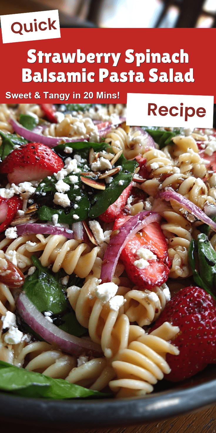Strawberry Spinach Balsamic Pasta Salad served on a plate