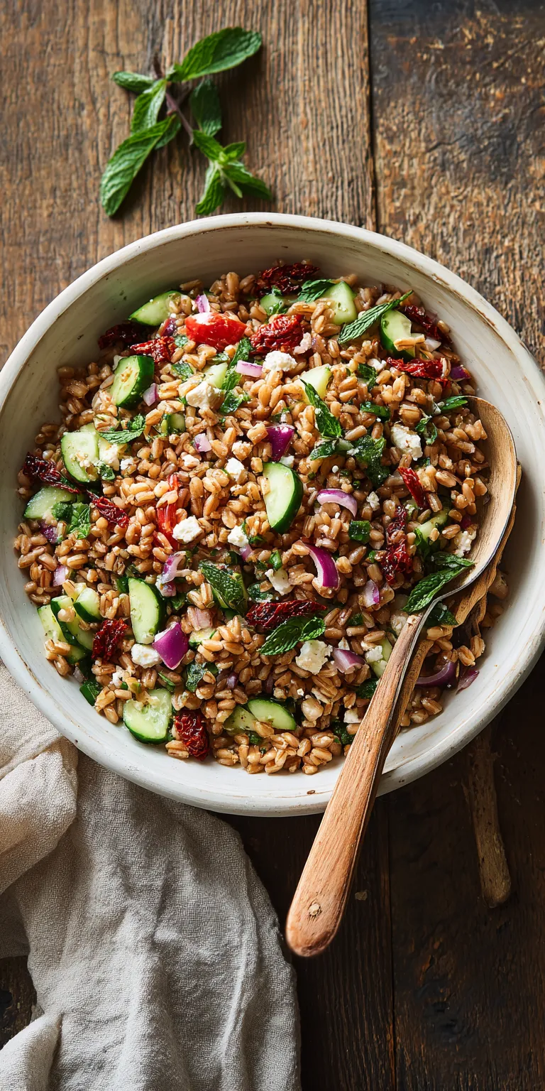 Sun Dried Tomato Farro Salad served warm with cozy spices