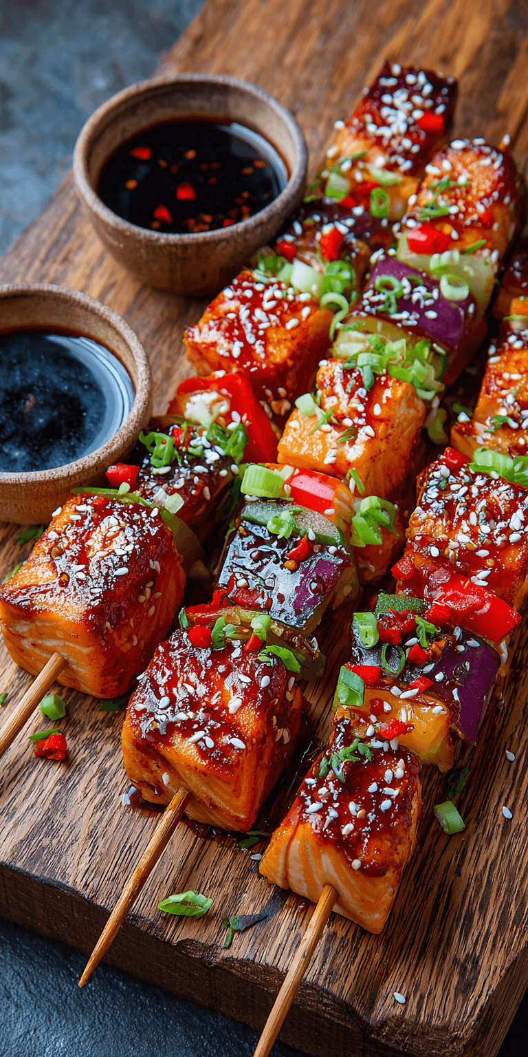 Sweet Chili Salmon Skewers served warm with cozy spices