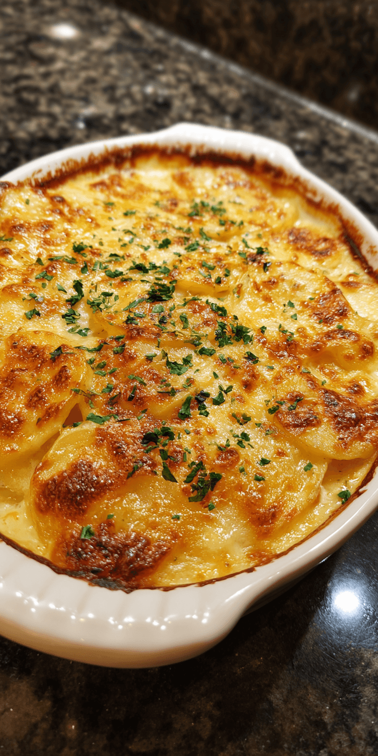 Three Cheese Scalloped Potatoes served warm with gentle spices and a cozy aroma
