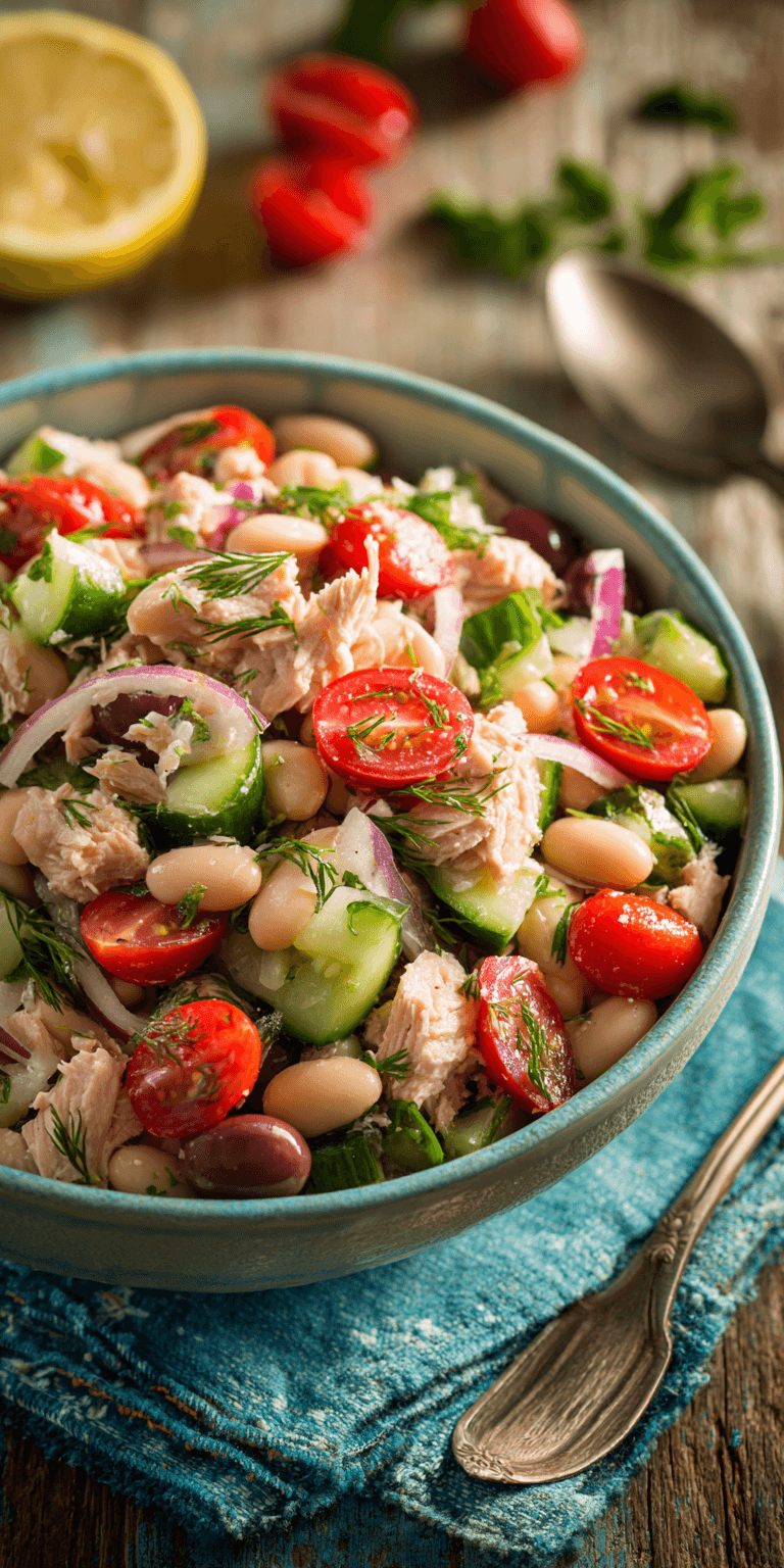 Tuna and White Bean Mediterranean Salad served warm with cozy spices
