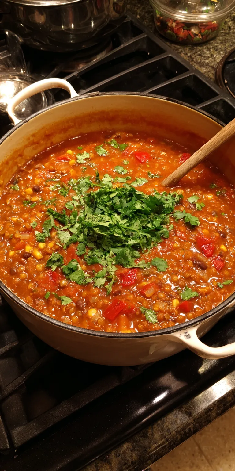 Vegetarian Lentil Tortilla Soup served warm with cozy spices