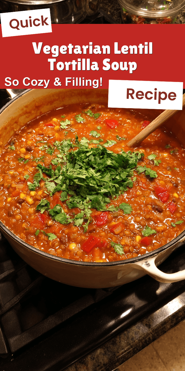 Vegetarian Lentil Tortilla Soup served warm with cozy spices