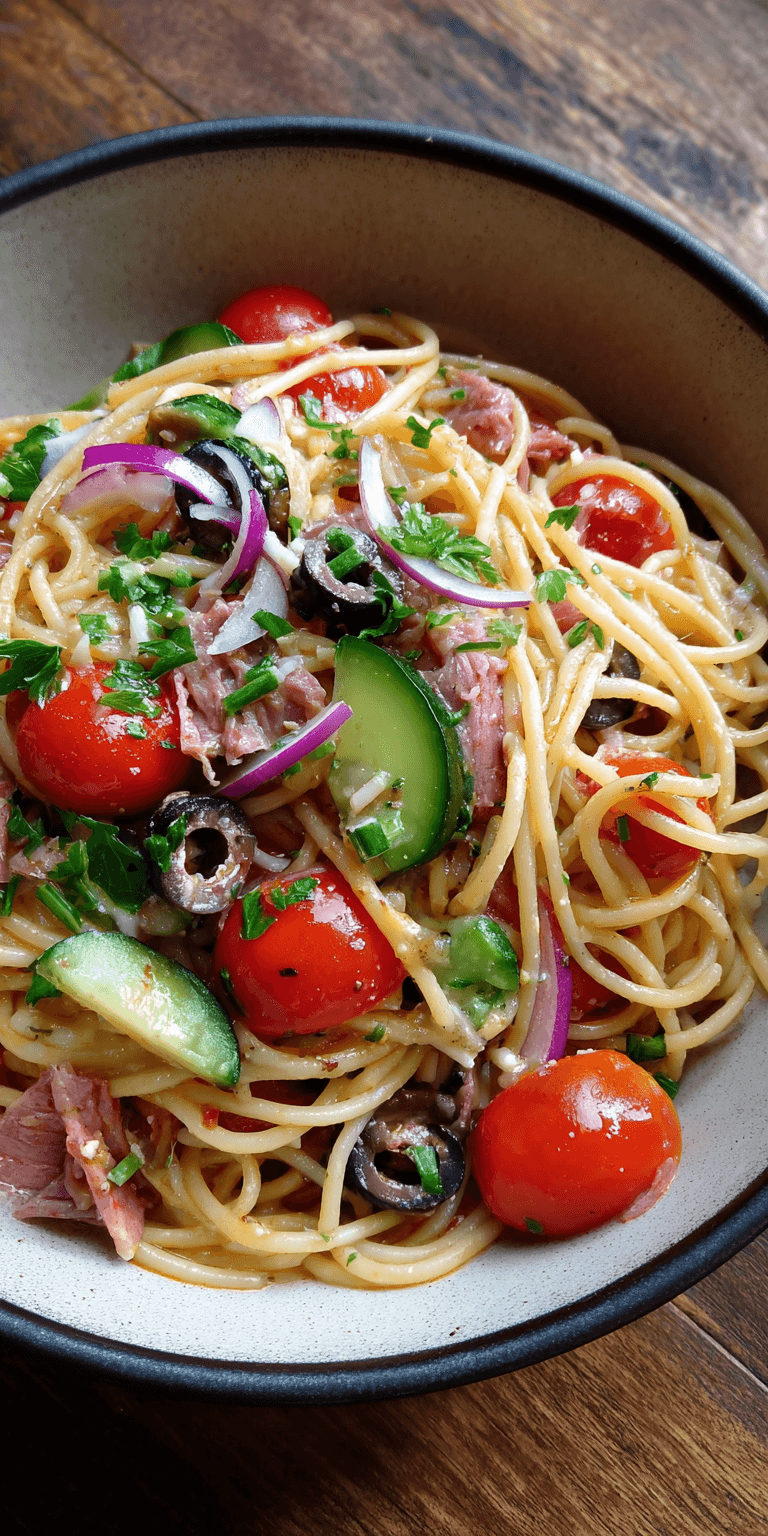 Zesty Italian Spaghetti Salad served warm with cozy spices