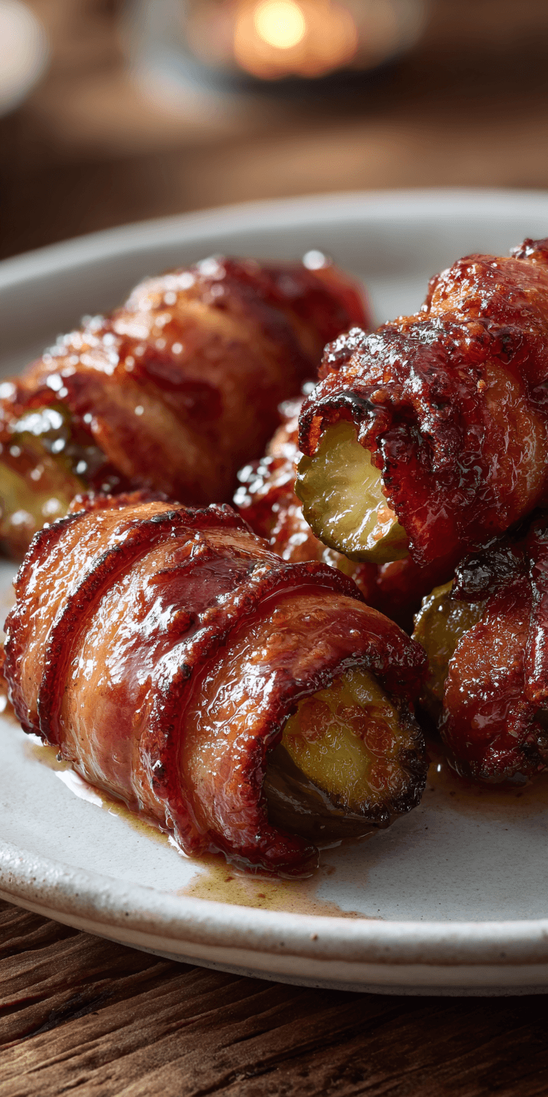 Bacon-Wrapped Pickles Appetizer served warm with cozy spices