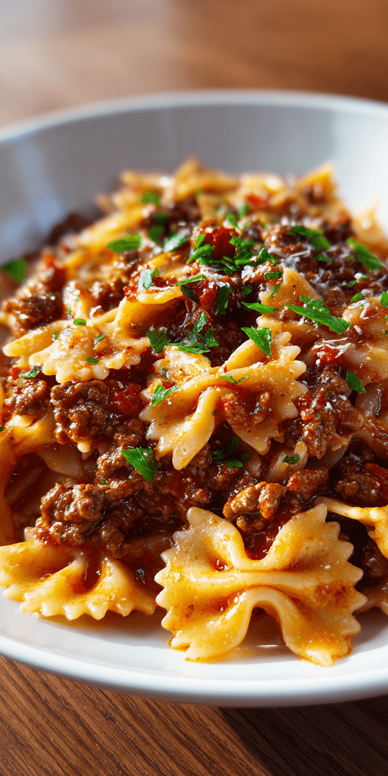 Bowtie Pasta with Ground Beef served warm with cozy spices