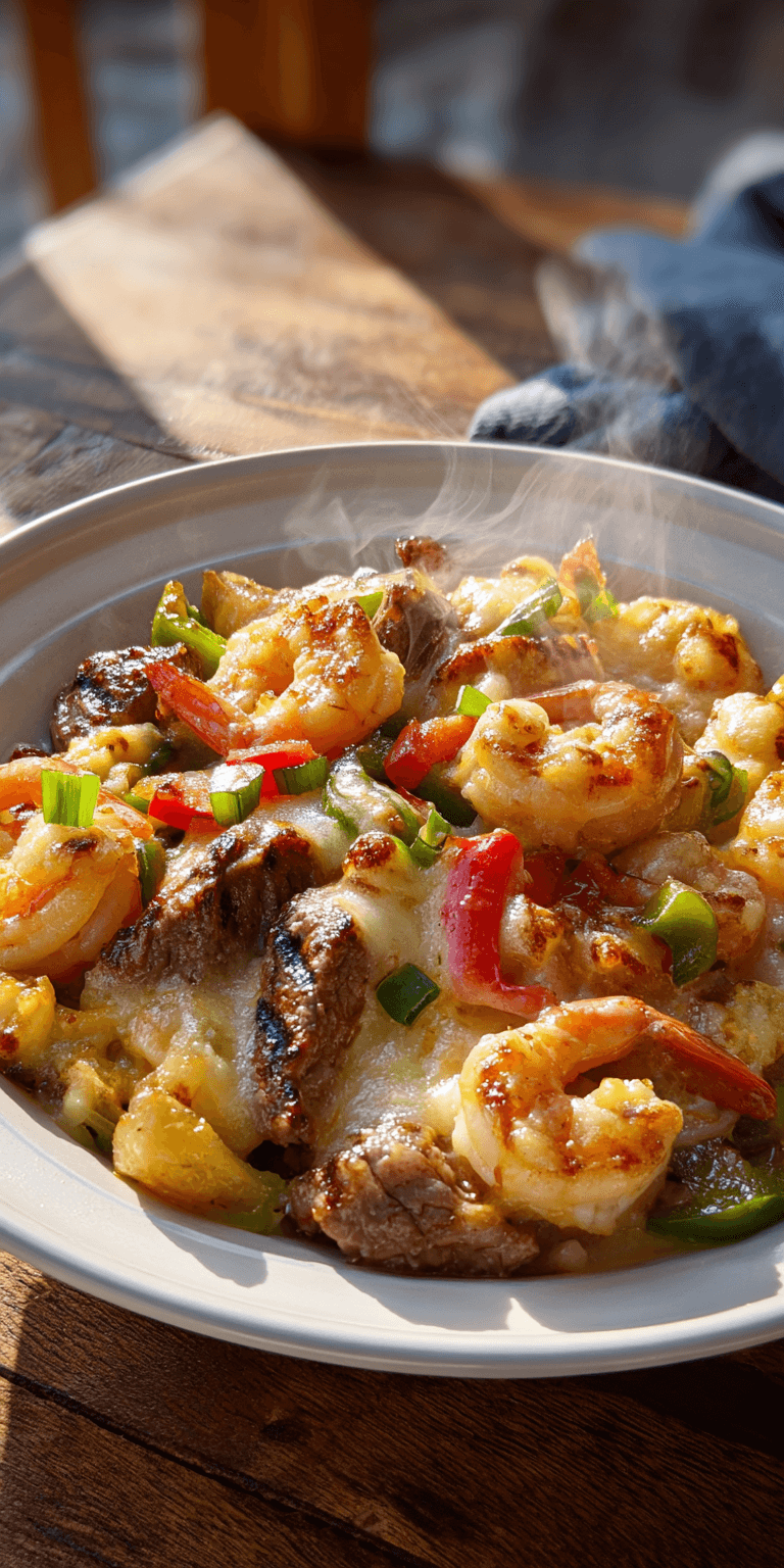 Cheesy Steak & Shrimp Skillet Bowl served warm with cozy spices