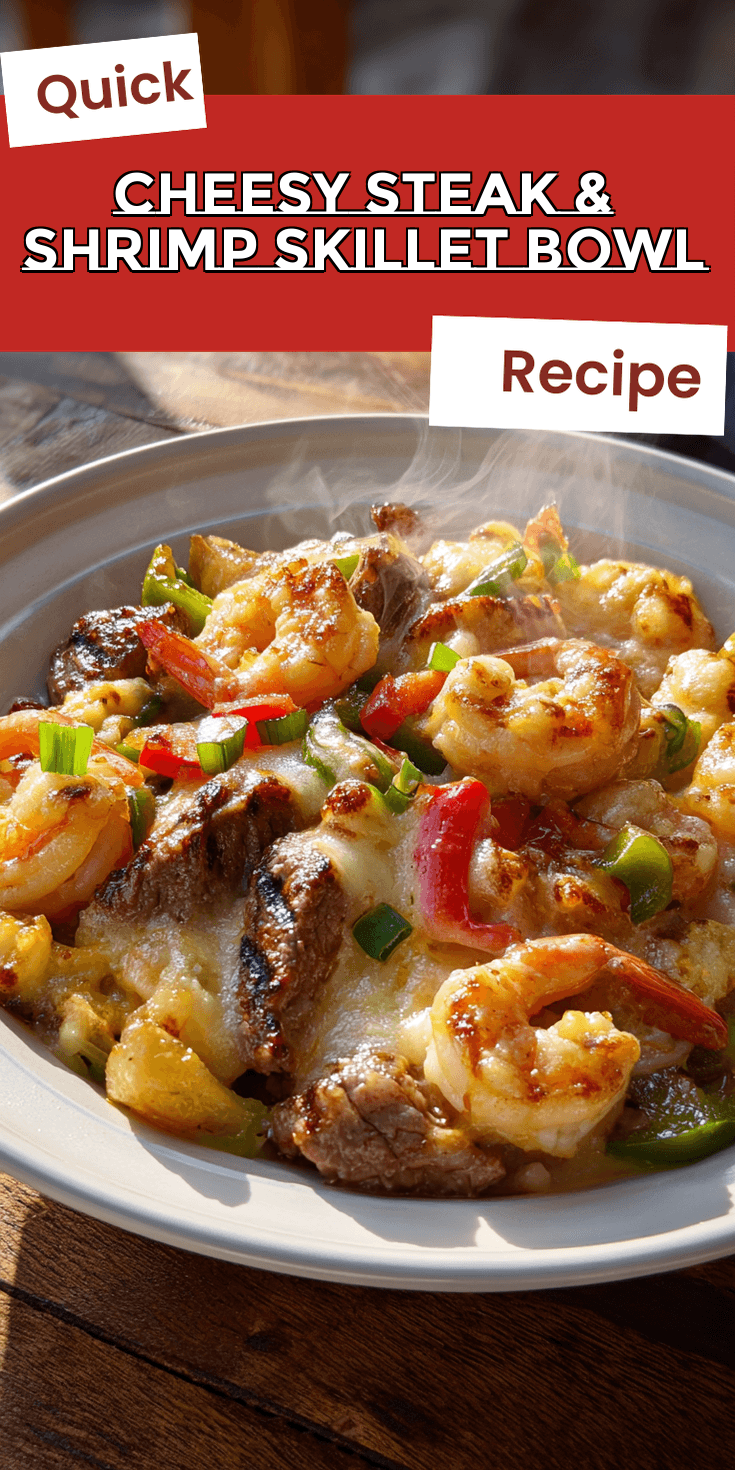 Cheesy Steak & Shrimp Skillet Bowl served warm with cozy spices